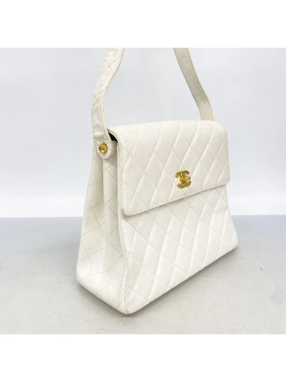 Chanel Shoulder Bag Quilted Caviar Leather White Gold